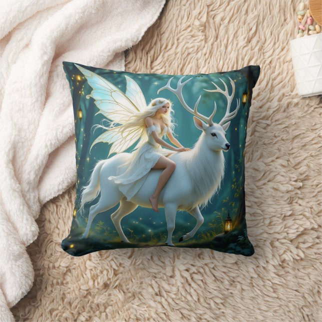 Fairy and White Deer Magical Forest Throw Pillow (Blanket)
