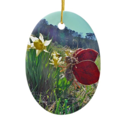 Fairy and yellow flowers ceramic ornament