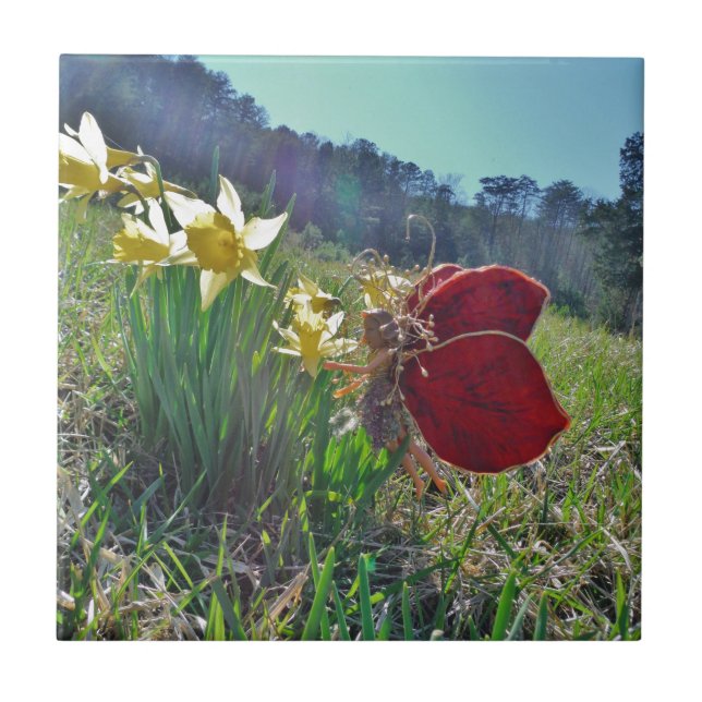 Fairy and yellow flowers ceramic tile (Front)