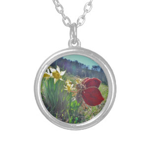Fairy and yellow flowers silver plated necklace