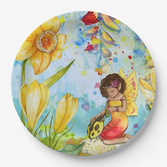Fairy and Yellow Ladybug Birthday Party Plates (Front)