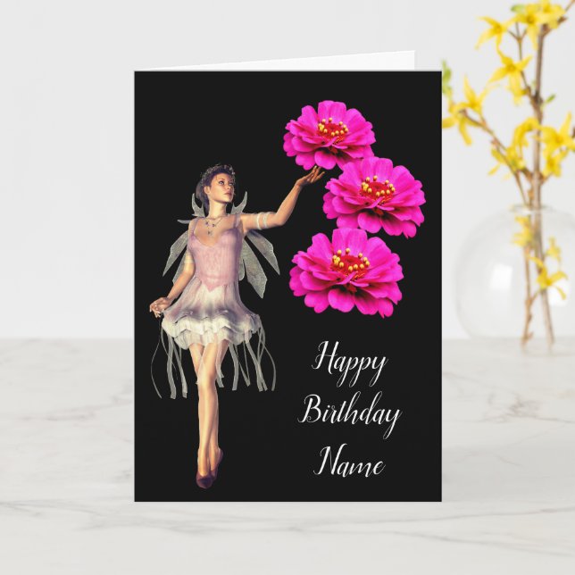 Fairy And Zinnia Flower Personalized Birthday Card (Yellow Flower)