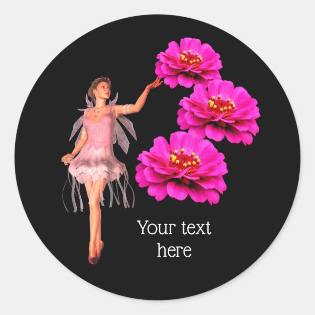 Fairy And Zinnia Flowers Personalized Classic Round Sticker (Front)