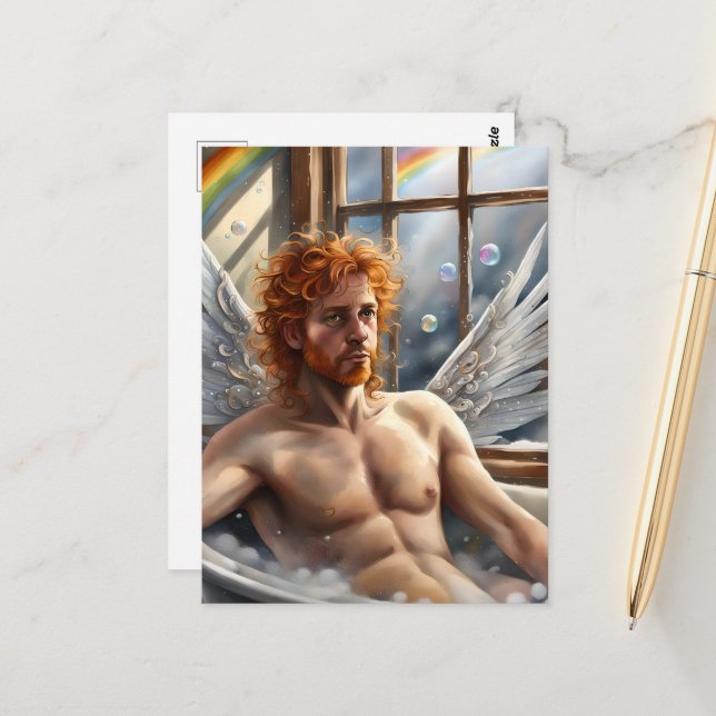 Fairy Angel Man Red Hair in the Bubblebath Postcard (Front/Back In Situ)