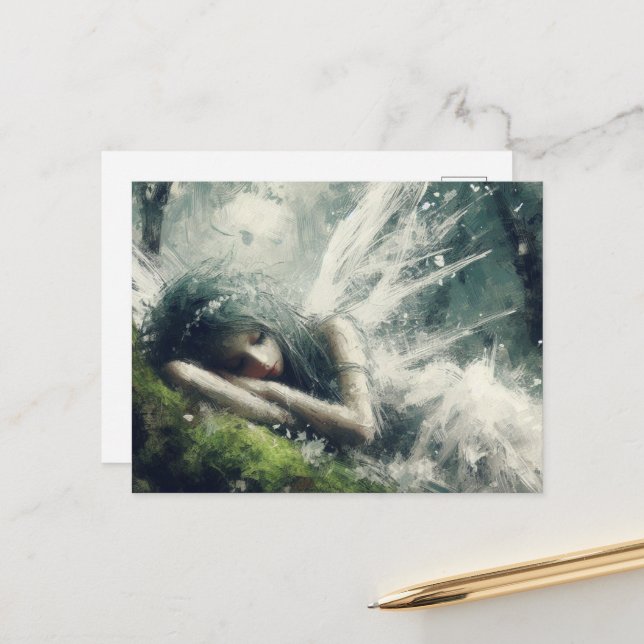 Fairy asleep on a mossy patch in the forest postcard (Front/Back In Situ)