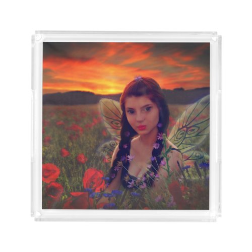 Fairy at Sunset in a field of poppies Fantasy Art Acrylic Tray