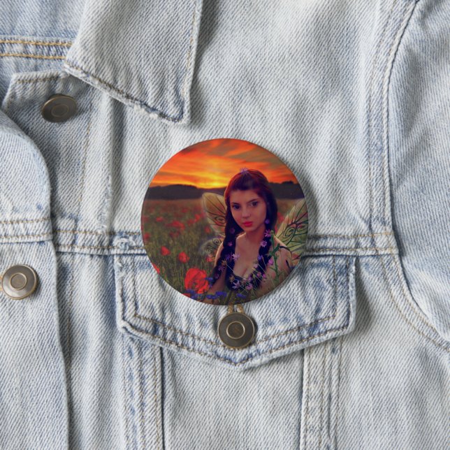 Fairy at Sunset in a field of poppies Fantasy Art Button (In Situ)