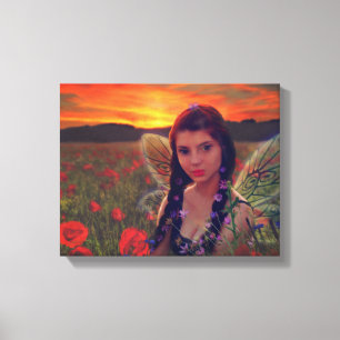 Fairy at Sunset in a field of poppies Fantasy Art Canvas Print
