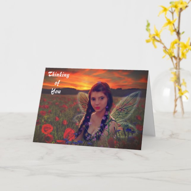 Fairy at Sunset in a field of poppies Fantasy Art Card (Yellow Flower)