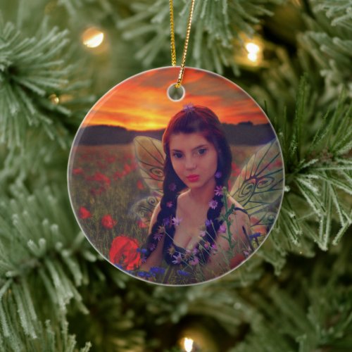 Fairy at Sunset in a field of poppies Fantasy Art Ceramic Ornament