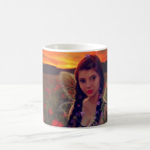 Fairy at Sunset in a field of poppies Fantasy Art Coffee Mug