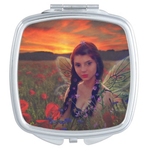Fairy at Sunset in a field of poppies Fantasy Art Compact Mirror
