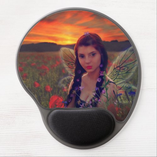 Fairy at Sunset in a field of poppies Fantasy Art Gel Mouse Pad