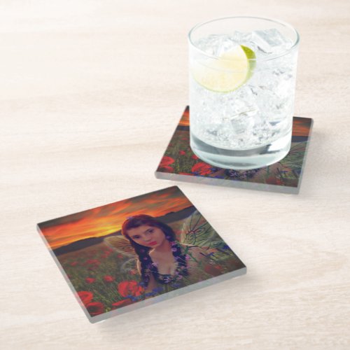 Fairy at Sunset in a field of poppies Fantasy Art Glass Coaster