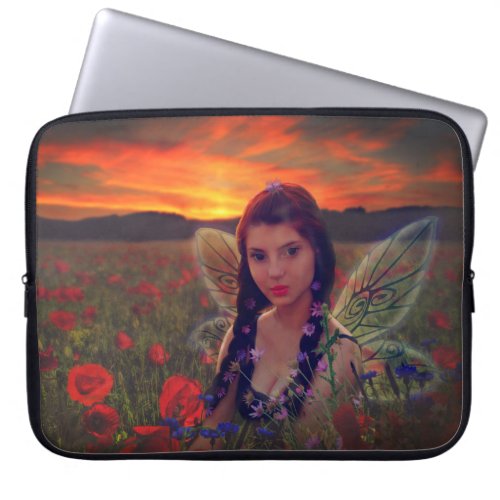 Fairy at Sunset in a field of poppies Fantasy Art Laptop Sleeve