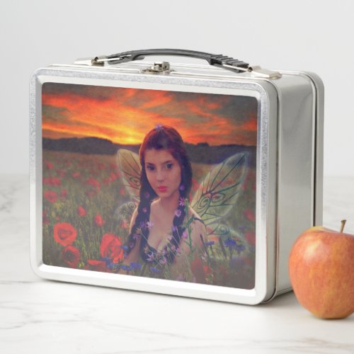 Fairy at Sunset in a field of poppies Fantasy Art Metal Lunch Box