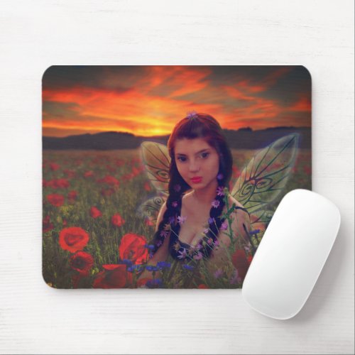 Fairy at Sunset in a field of poppies Fantasy Art Mouse Pad