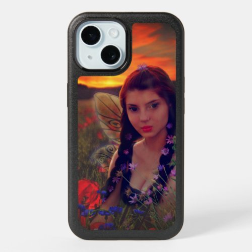 Fairy at Sunset in a field of poppies Fantasy Art iPhone 15 Case