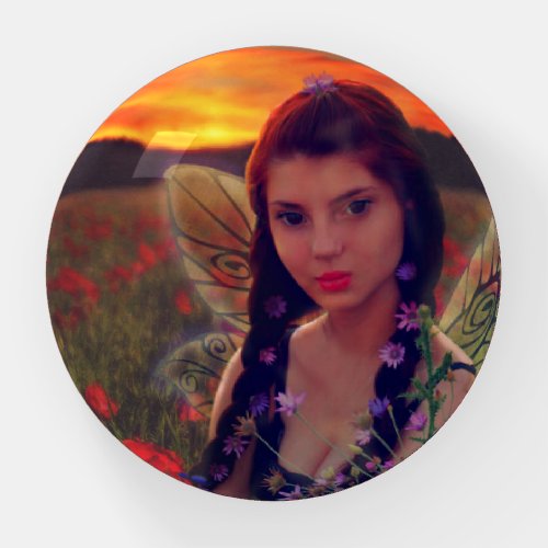 Fairy at Sunset in a field of poppies Fantasy Art Paperweight