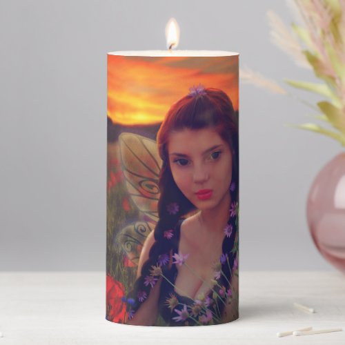 Fairy at Sunset in a field of poppies Fantasy Art Pillar Candle