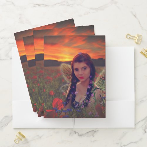 Fairy at Sunset in a field of poppies Fantasy Art Pocket Folder