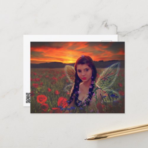 Fairy at Sunset in a field of poppies Fantasy Art Postcard