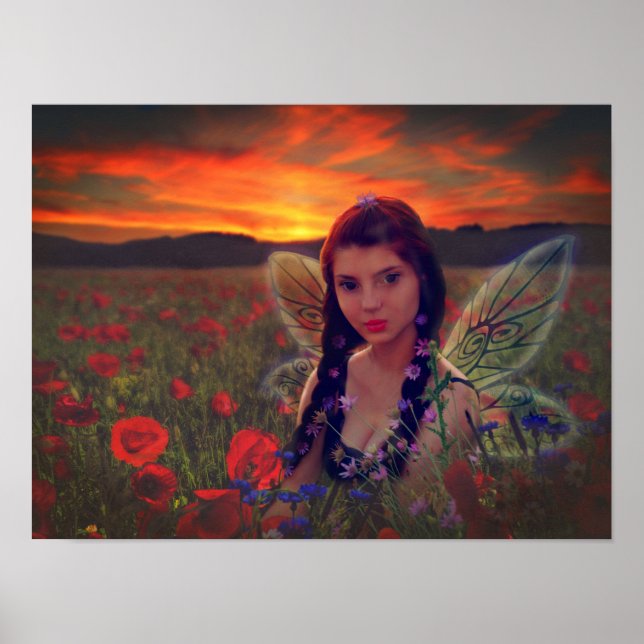 Fairy at Sunset in a field of poppies Fantasy Art Poster (Front)