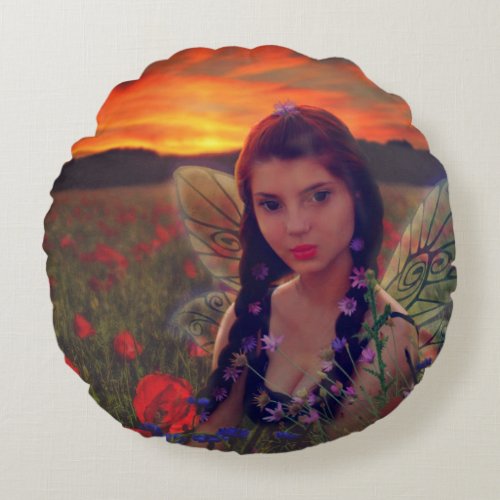 Fairy at Sunset in a field of poppies Fantasy Art Round Pillow
