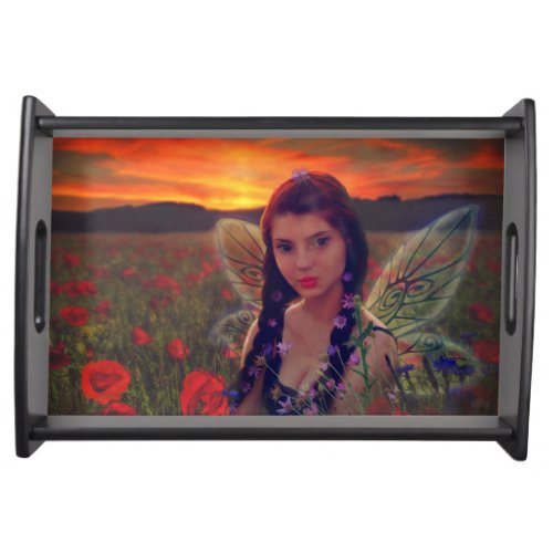 Fairy at Sunset in a field of poppies Fantasy Art Serving Tray