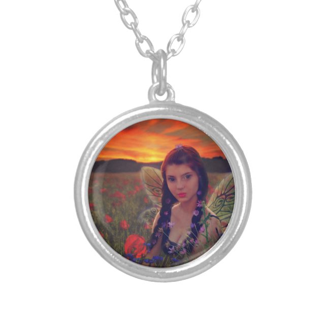 Fairy at Sunset in a field of poppies Fantasy Art Silver Plated Necklace (Front)