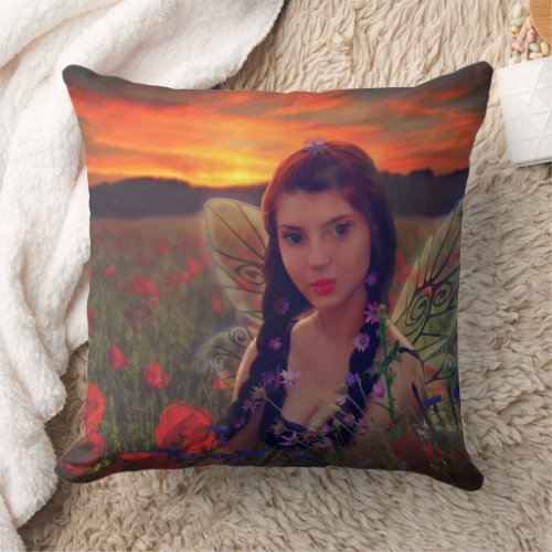 Fairy at Sunset in a field of poppies Fantasy Art Throw Pillow