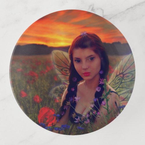 Fairy at Sunset in a field of poppies Fantasy Art Trinket Tray