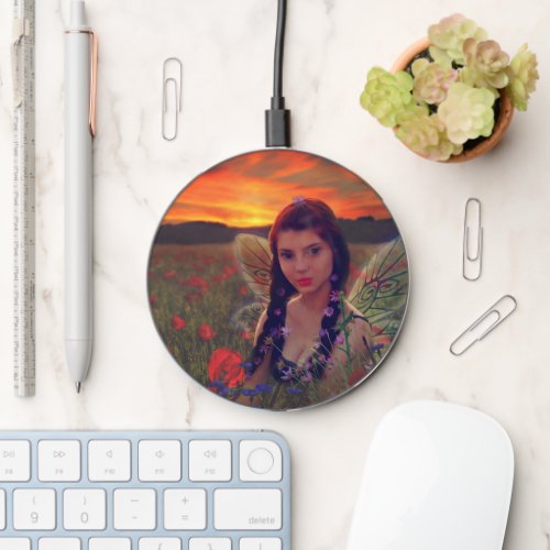 Fairy at Sunset in a field of poppies Fantasy Art Wireless Charger
