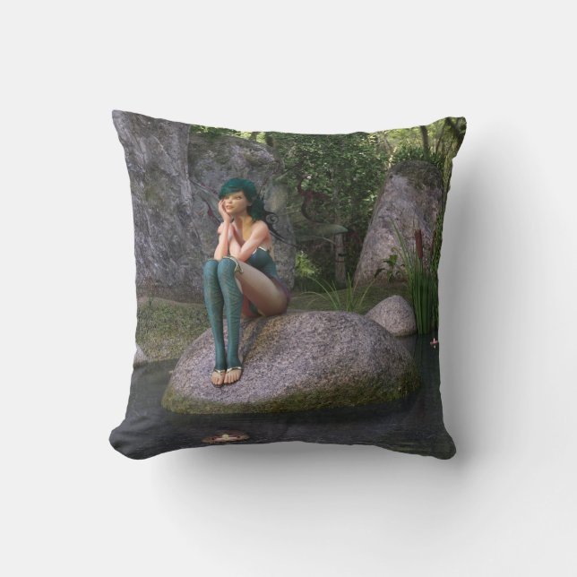 Fairy at the Enchanted Pond Throw Pillow (Front)