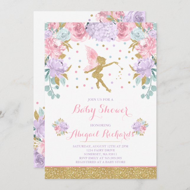 Fairy Baby Shower Invitation Floral Fairy Shower (Front/Back)