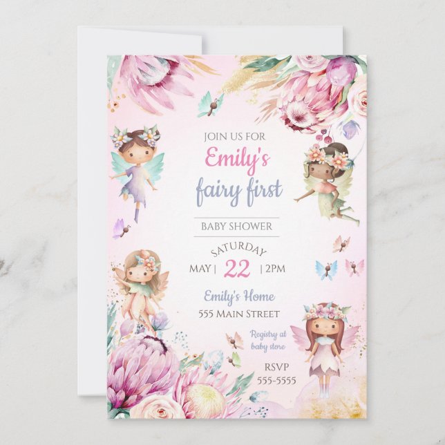 Fairy baby shower invitation pastel colors (Front)