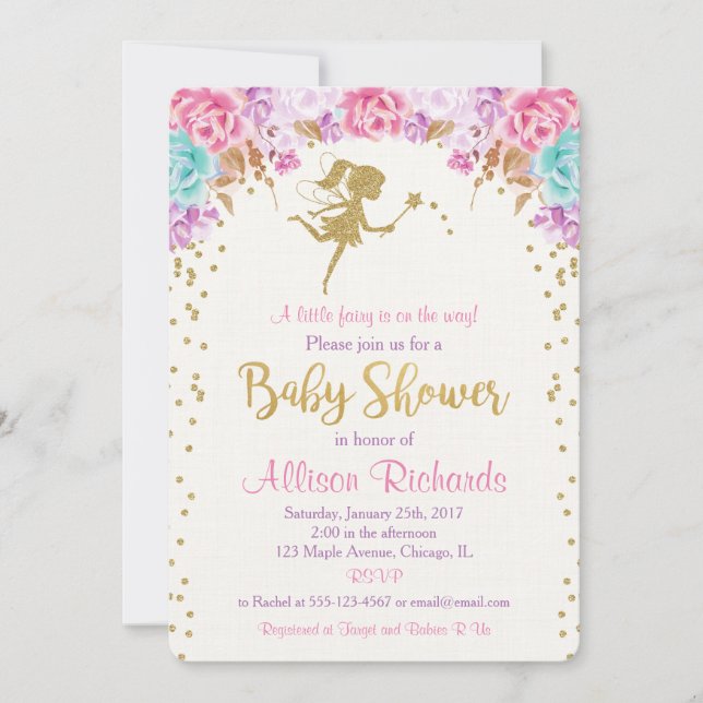Fairy baby shower invitation pink and gold (Front)