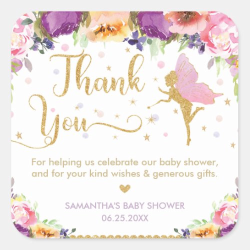 Fairy Baby Shower Purple Floral Thank You Favor Square Sticker