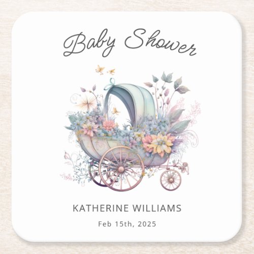 Fairy Baby Stroller Baby Shower Square Paper Coaster