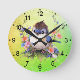 Fairy Bird Flowers watercolor Clipart-73610 Round Clock