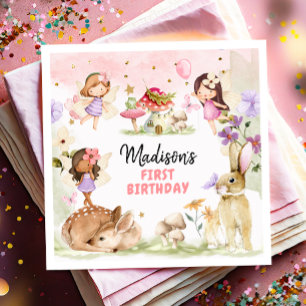 Fairy Birthday 1st Enchanted Forest Girl Floral Napkins