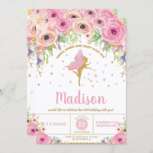 Fairy Birthday Invitation Pink Floral Fairy Party