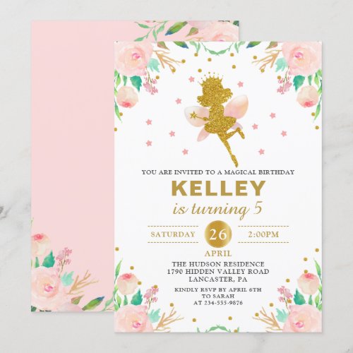 Fairy Birthday Invitation Pink Floral Girl Party