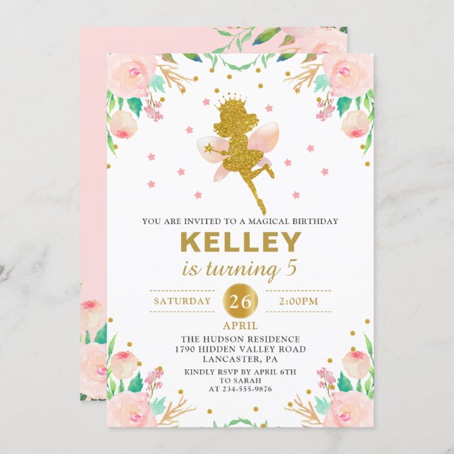 Fairy Birthday Invitation Pink Floral Girl Party (Front/Back)