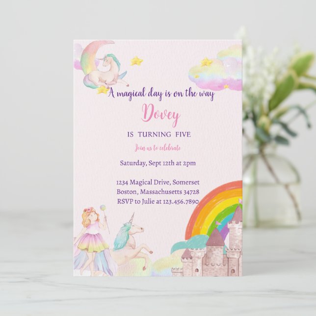 Fairy Birthday Invitation Rainbow Unicorn Party (Standing Front)