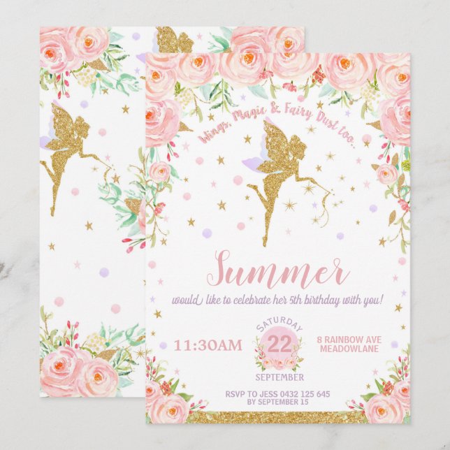 Fairy Birthday Invitations Pink Floral Whimsical (Front/Back)