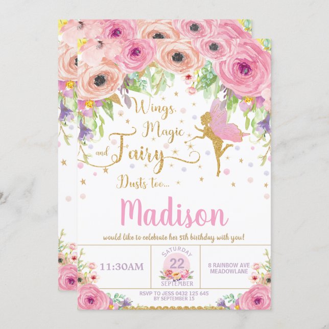 Fairy Birthday Invitations Pink Floral Whimsical (Front/Back)
