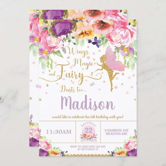 Fairy Birthday Invitations Purple Floral Whimsical (Front/Back)