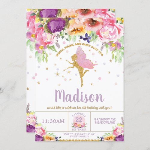 Fairy Birthday Invitations Purple Floral Whimsical