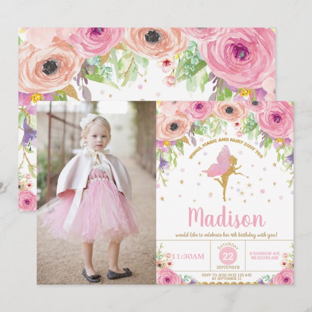 Fairy Birthday Invitations Whimsical Pink Floral (Front/Back)